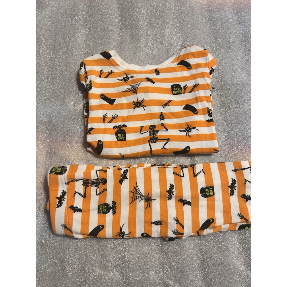 Old Navy Kids Halloween Pajama Set 5T Orange Stripe Skeleton Ghost Spider PJs